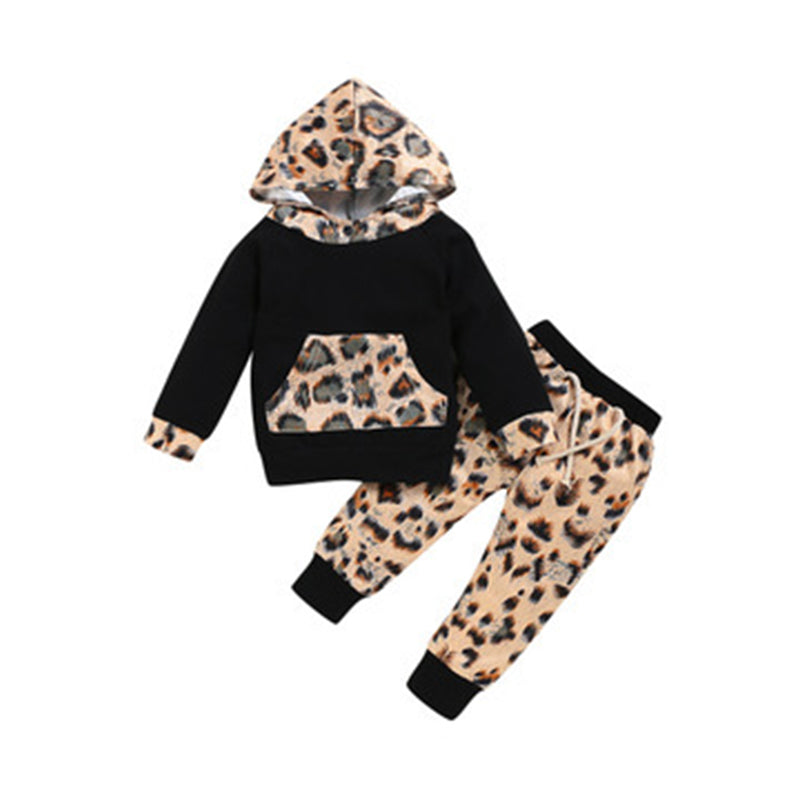 2 Pieces Set Baby Kid Unisex Color-blocking Leopard Hoodies Swearshirts And Pants Wholesale 220510229