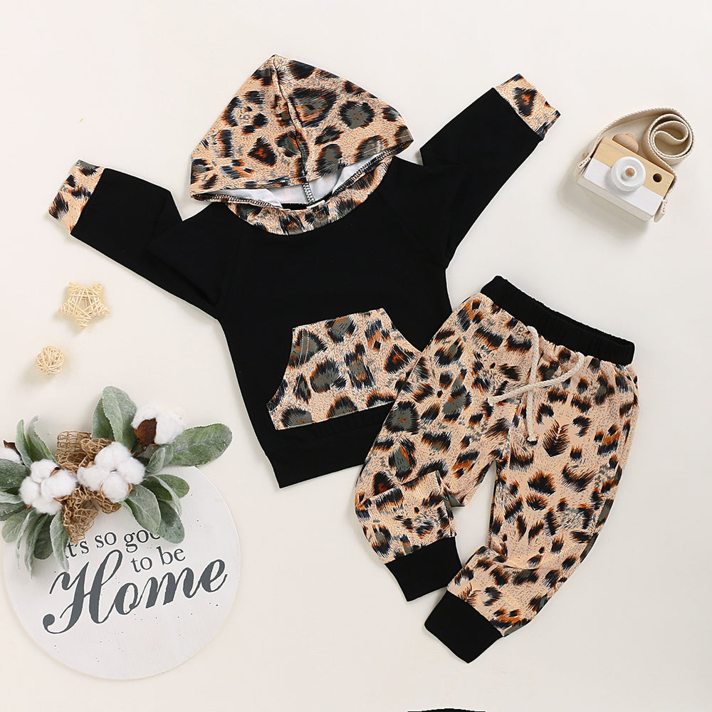 2 Pieces Set Baby Kid Unisex Color-blocking Leopard Hoodies Swearshirts And Pants Wholesale 220510229