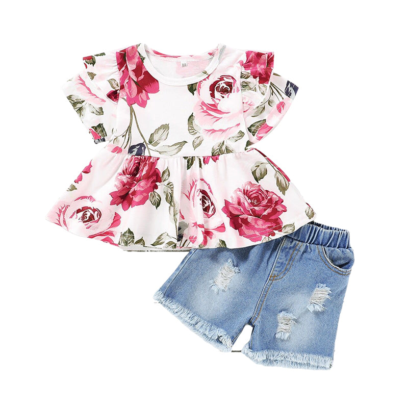 2 Pieces Set Baby Kid Girls Flower T-Shirts Solid Color And Ripped Shorts Wholesale 220510230