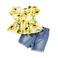 Load image into Gallery viewer, 2 Pieces Set Baby Kid Girls Flower T-Shirts Solid Color And Ripped Shorts Wholesale 220510230
