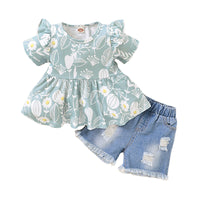 Load image into Gallery viewer, 2 Pieces Set Baby Kid Girls Flower T-Shirts Solid Color And Ripped Shorts Wholesale 220510230
