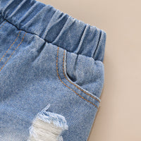 Load image into Gallery viewer, 2 Pieces Set Baby Kid Girls Flower T-Shirts Solid Color And Ripped Shorts Wholesale 220510230
