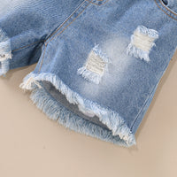 Load image into Gallery viewer, 2 Pieces Set Baby Kid Girls Flower T-Shirts Solid Color And Ripped Shorts Wholesale 220510230
