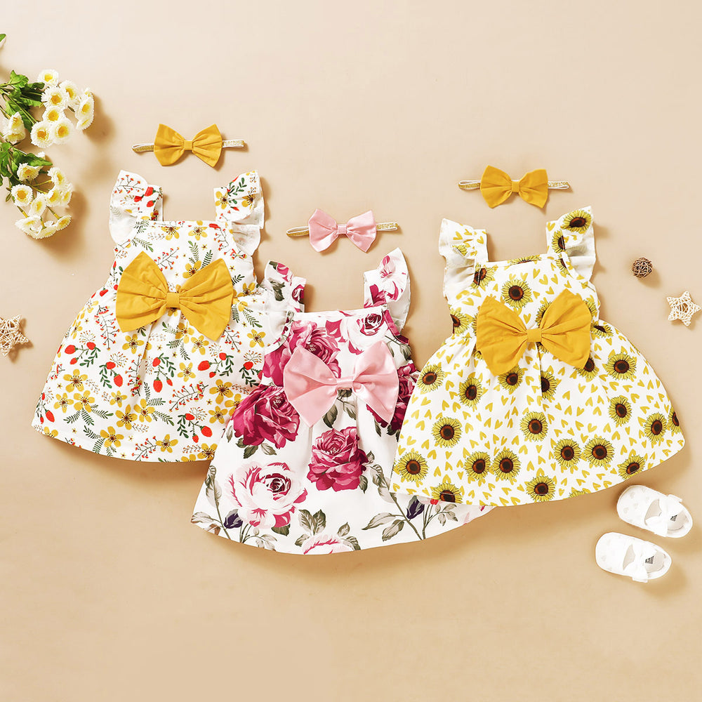 Baby Kid Girls Flower Bow Print Dresses Wholesale 220510240