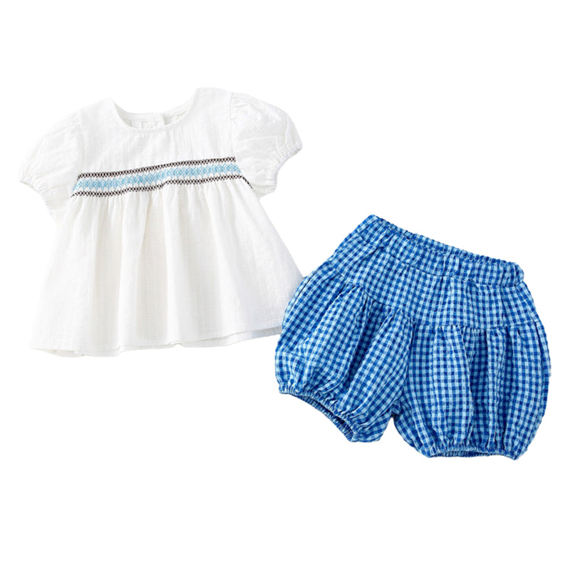 2 Pieces Set Baby Kid Girls Embroidered Tops And Checked Shorts Wholesale 220510385