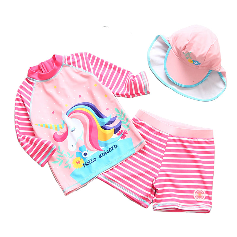 3 Pieces Set Baby Kid Girls Unicorn Tops Striped Shorts And Hats Wholesale 22051039