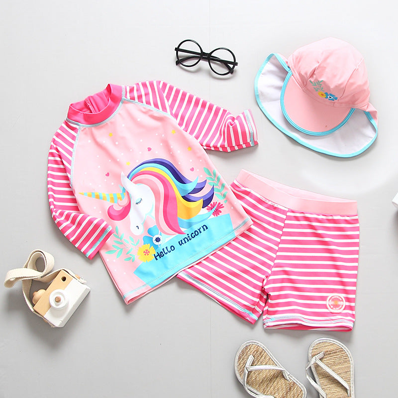 3 Pieces Set Baby Kid Girls Unicorn Tops Striped Shorts And Hats Wholesale 22051039