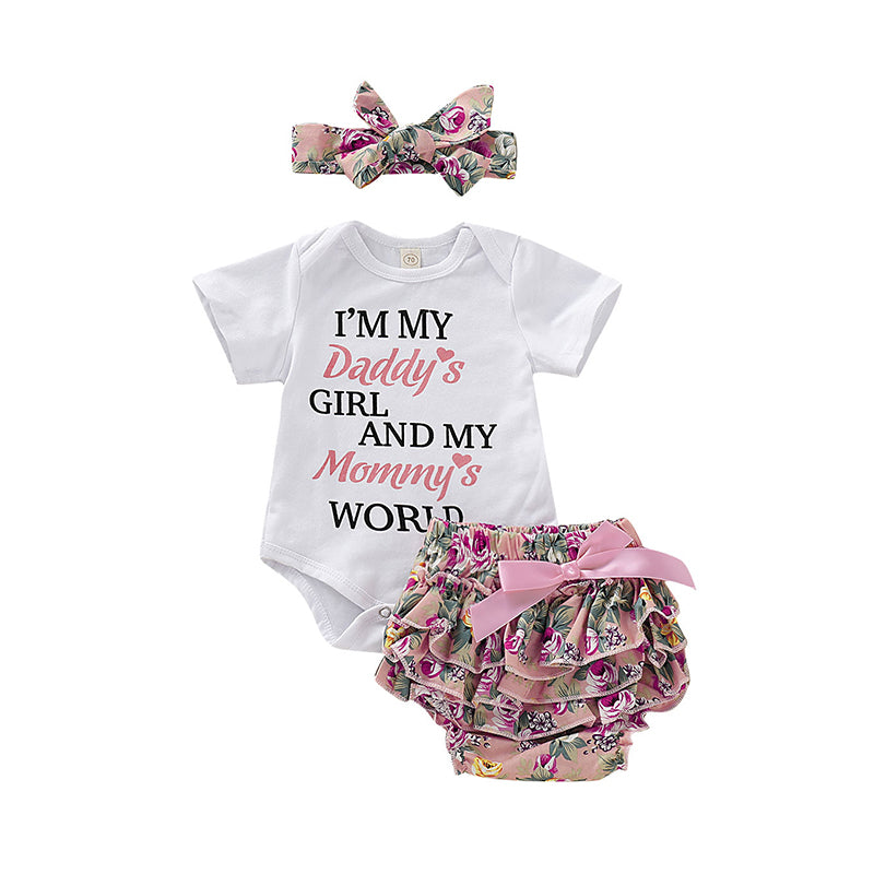 3 Pieces Set Baby Girls Letters Print Rompers Flower Shorts And Bow Headwear Wholesale 22051085
