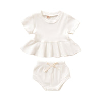 Load image into Gallery viewer, 2 Pieces Set Baby Girls Solid Color Muslin&amp;Ribbed Tops And Bow Shorts Wholesale 22051086
