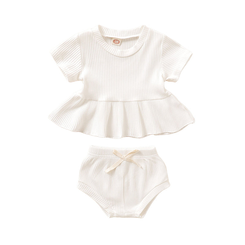 2 Pieces Set Baby Girls Solid Color Muslin&Ribbed Tops And Bow Shorts Wholesale 22051086