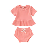 Load image into Gallery viewer, 2 Pieces Set Baby Girls Solid Color Muslin&amp;Ribbed Tops And Bow Shorts Wholesale 22051086
