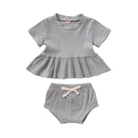 Load image into Gallery viewer, 2 Pieces Set Baby Girls Solid Color Muslin&amp;Ribbed Tops And Bow Shorts Wholesale 22051086
