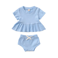 Load image into Gallery viewer, 2 Pieces Set Baby Girls Solid Color Muslin&amp;Ribbed Tops And Bow Shorts Wholesale 22051086
