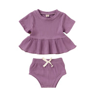 Load image into Gallery viewer, 2 Pieces Set Baby Girls Solid Color Muslin&amp;Ribbed Tops And Bow Shorts Wholesale 22051086
