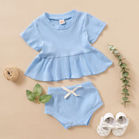 Load image into Gallery viewer, 2 Pieces Set Baby Girls Solid Color Muslin&amp;Ribbed Tops And Bow Shorts Wholesale 22051086
