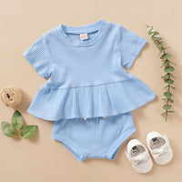 Load image into Gallery viewer, 2 Pieces Set Baby Girls Solid Color Muslin&amp;Ribbed Tops And Bow Shorts Wholesale 22051086
