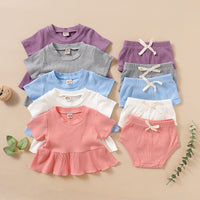 Load image into Gallery viewer, 2 Pieces Set Baby Girls Solid Color Muslin&amp;Ribbed Tops And Bow Shorts Wholesale 22051086

