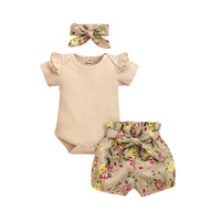 Load image into Gallery viewer, 3 Pieces Set Baby Girls Solid Color Muslin&amp;Ribbed Print Rompers Flower Shorts And Bow Headwear Wholesale 22051087
