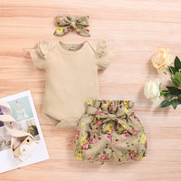Load image into Gallery viewer, 3 Pieces Set Baby Girls Solid Color Muslin&amp;Ribbed Print Rompers Flower Shorts And Bow Headwear Wholesale 22051087
