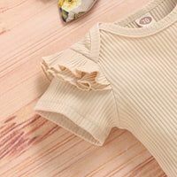 Load image into Gallery viewer, 3 Pieces Set Baby Girls Solid Color Muslin&amp;Ribbed Print Rompers Flower Shorts And Bow Headwear Wholesale 22051087
