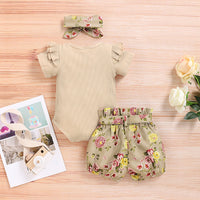 Load image into Gallery viewer, 3 Pieces Set Baby Girls Solid Color Muslin&amp;Ribbed Print Rompers Flower Shorts And Bow Headwear Wholesale 22051087
