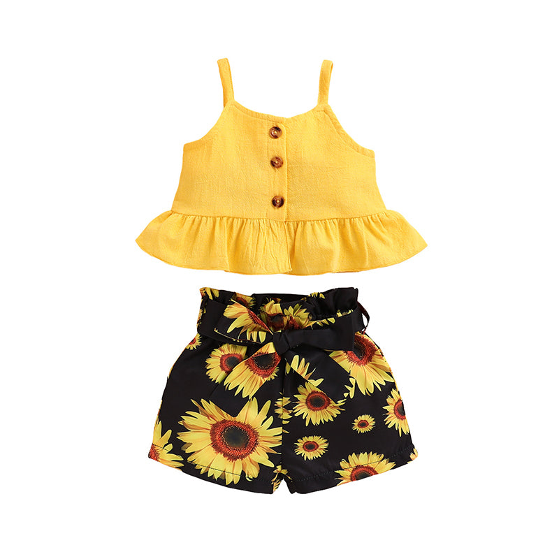 2 Pieces Set Baby Girls Solid Color Print Tank Tops And Flower Shorts Wholesale 22051089