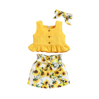 Load image into Gallery viewer, 3 Pieces Set Baby Kid Girls Solid Color Print Tops Flower Shorts And Bow Headwear Wholesale 22051091
