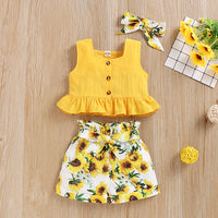 Load image into Gallery viewer, 3 Pieces Set Baby Kid Girls Solid Color Print Tops Flower Shorts And Bow Headwear Wholesale 22051091
