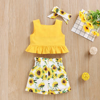 Load image into Gallery viewer, 3 Pieces Set Baby Kid Girls Solid Color Print Tops Flower Shorts And Bow Headwear Wholesale 22051091
