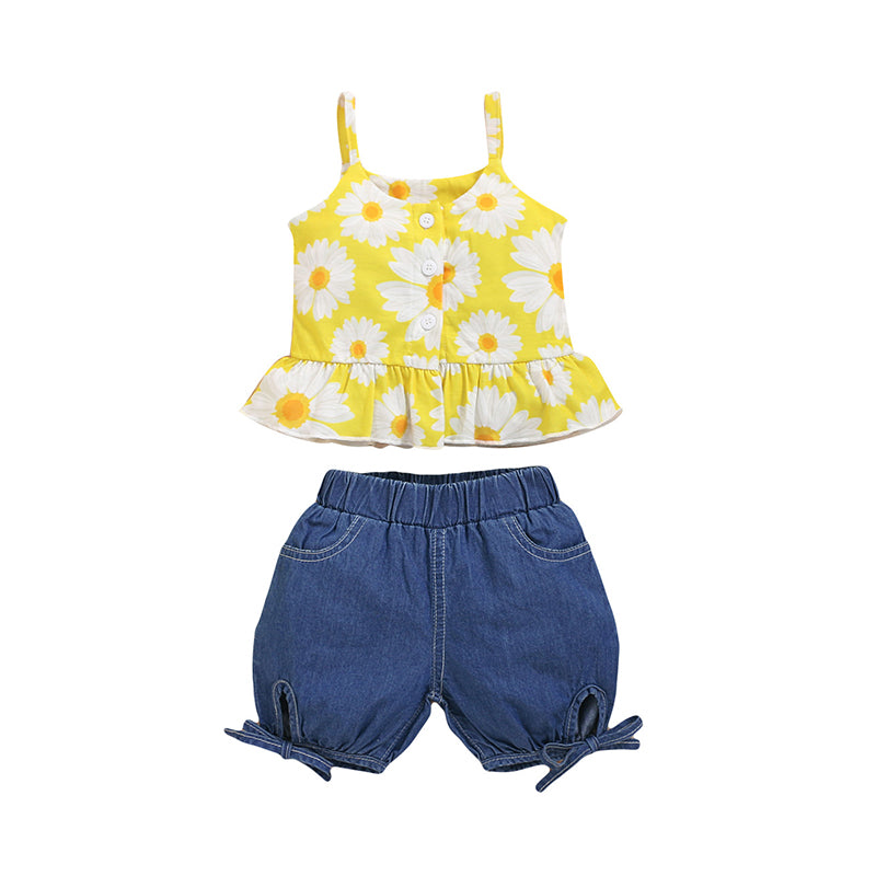 2 Pieces Set Baby Kid Girls Flower Print Tank Tops And Solid Color Shorts Wholesale 22051095