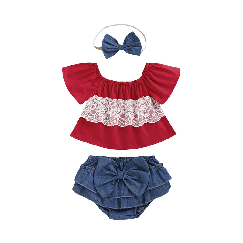 3 Pieces Set Baby Girls Tops And Solid Color Bow Shorts And Headwear Wholesale 22051097