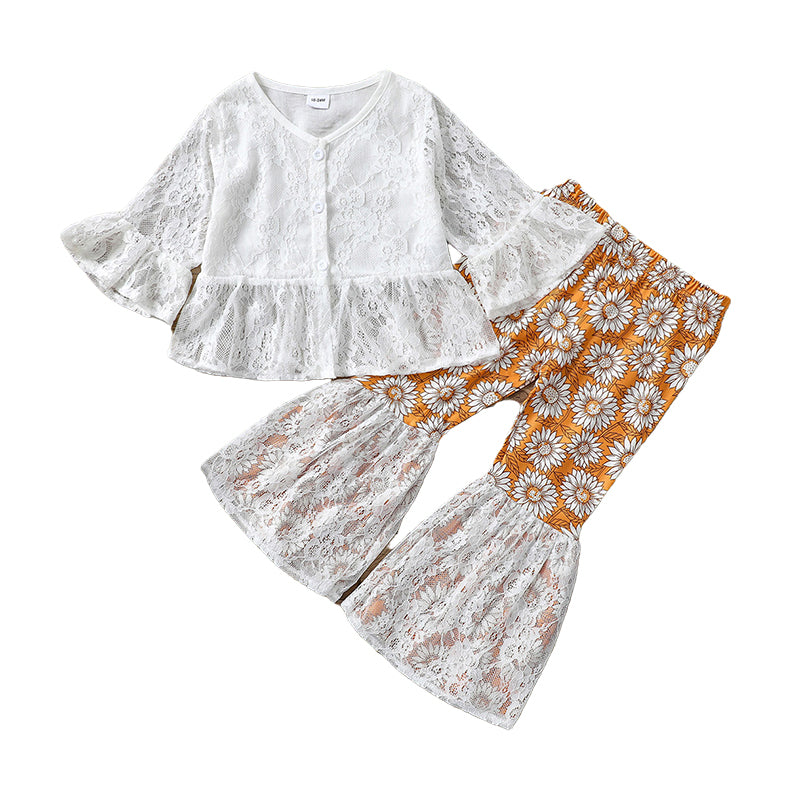 2 Pieces Set Baby Kid Girls Solid Color Lace Print Tops And Flower Pants Wholesale 220513126