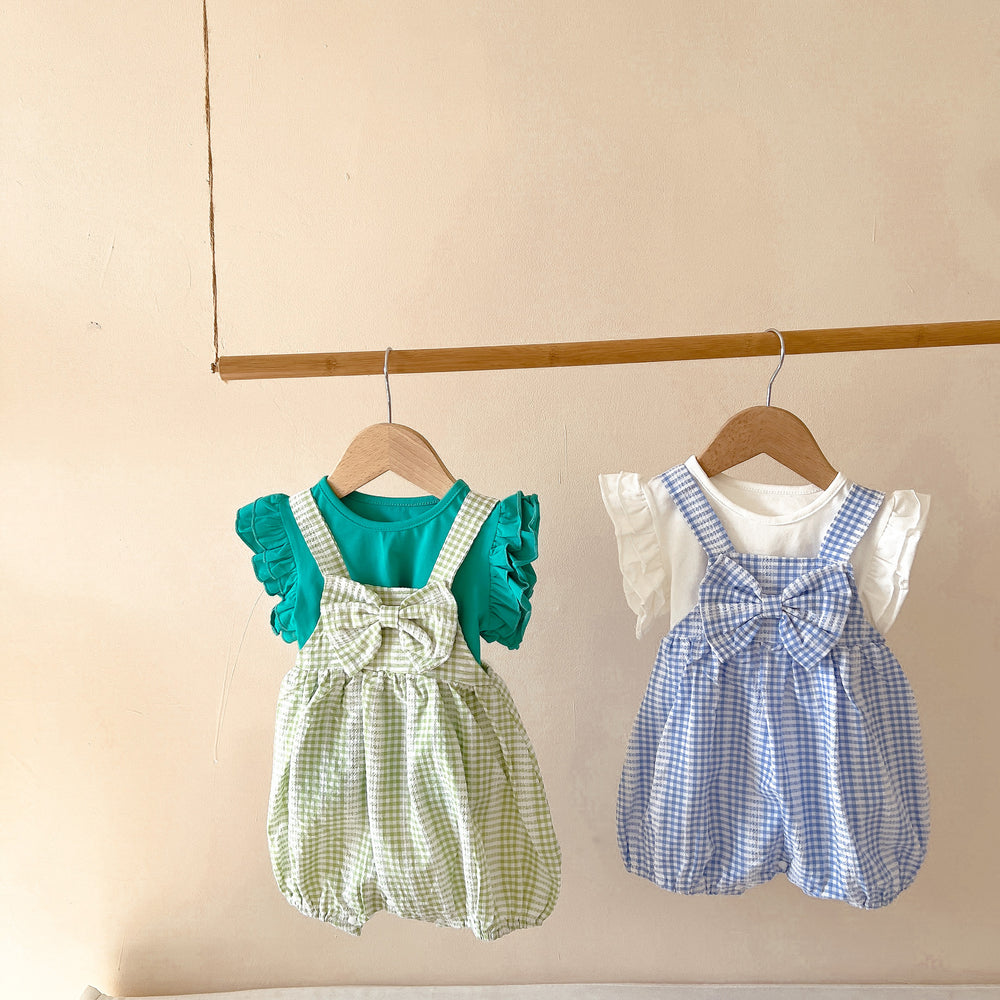 Baby Girls Solid Color T-Shirts And Checked Bow Rompers Wholesale 220513163