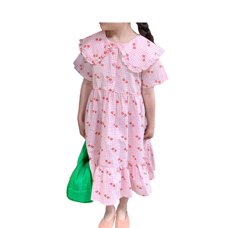 Baby Kid Girls Flower Checked Print Dresses Wholesale 220513223