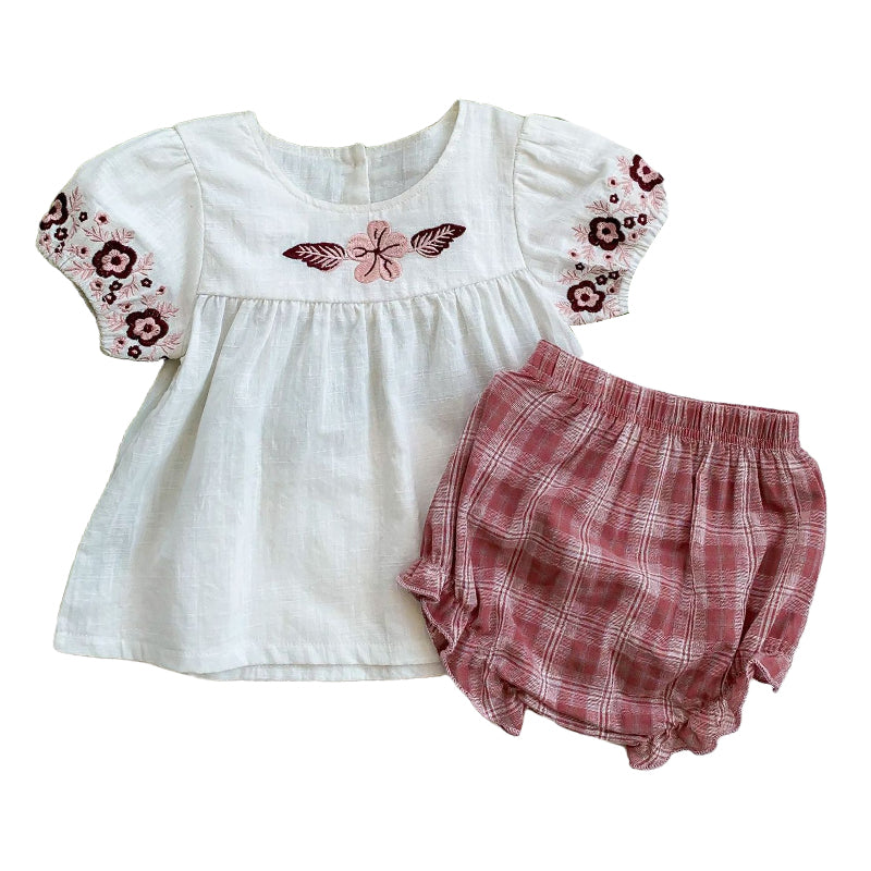 2 Pieces Set Baby Kid Girls Embroidered T-Shirts And Checked Shorts Wholesale 220513274