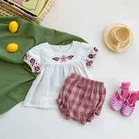 Load image into Gallery viewer, 2 Pieces Set Baby Kid Girls Embroidered T-Shirts And Checked Shorts Wholesale 220513274
