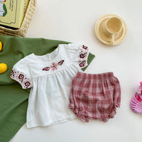 Load image into Gallery viewer, 2 Pieces Set Baby Kid Girls Embroidered T-Shirts And Checked Shorts Wholesale 220513274
