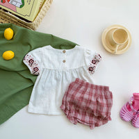 Load image into Gallery viewer, 2 Pieces Set Baby Kid Girls Embroidered T-Shirts And Checked Shorts Wholesale 220513274
