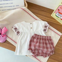 Load image into Gallery viewer, 2 Pieces Set Baby Kid Girls Embroidered T-Shirts And Checked Shorts Wholesale 220513274
