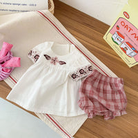 Load image into Gallery viewer, 2 Pieces Set Baby Kid Girls Embroidered T-Shirts And Checked Shorts Wholesale 220513274
