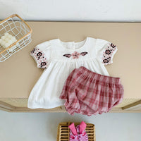 Load image into Gallery viewer, 2 Pieces Set Baby Kid Girls Embroidered T-Shirts And Checked Shorts Wholesale 220513274
