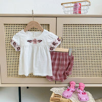 Load image into Gallery viewer, 2 Pieces Set Baby Kid Girls Embroidered T-Shirts And Checked Shorts Wholesale 220513274
