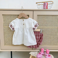 Load image into Gallery viewer, 2 Pieces Set Baby Kid Girls Embroidered T-Shirts And Checked Shorts Wholesale 220513274
