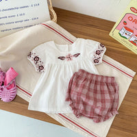 Load image into Gallery viewer, 2 Pieces Set Baby Kid Girls Embroidered T-Shirts And Checked Shorts Wholesale 220513274

