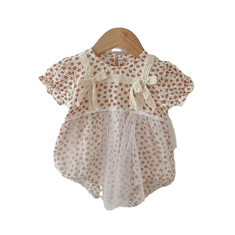 Baby Girls Flower Bow Lace Print Rompers Wholesale 220513284