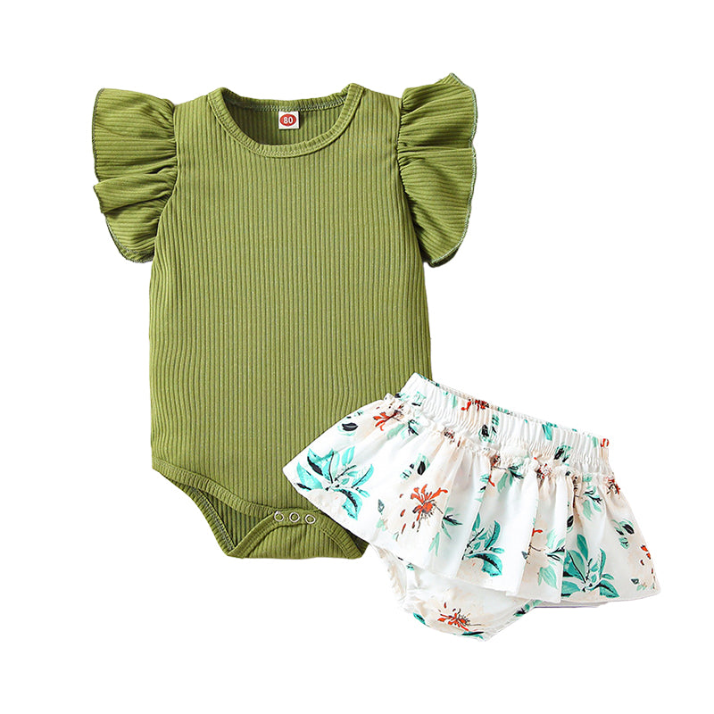 2 Pieces Set Baby Girls Muslin&Ribbed Print Rompers And Flower Shorts Wholesale 220513308