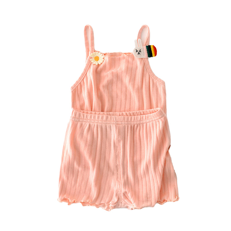 2 Pieces Set Baby Kid Girls Solid Color Flower Muslin&Ribbed Tank Tops And Shorts Wholesale 22051336