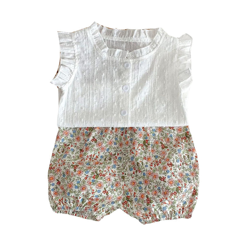 2 Pieces Set Baby Girls Solid Color Print Tops And Flower Shorts Wholesale 220513443