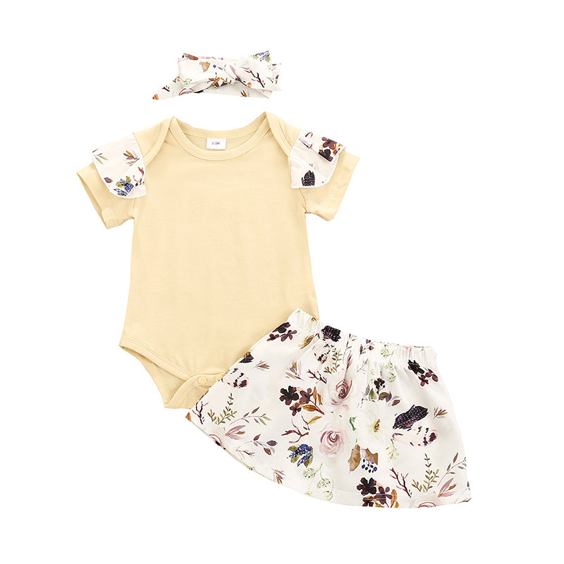 3 Pieces Set Baby Girls Flower Print Rompers And Skirts And Bow Headwear Wholesale 22051359