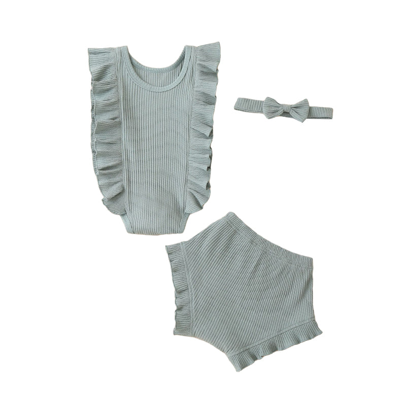 3 Pieces Set Baby Girls Solid Color Muslin&Ribbed Rompers And Shorts And Bow Headwear Wholesale 22051360